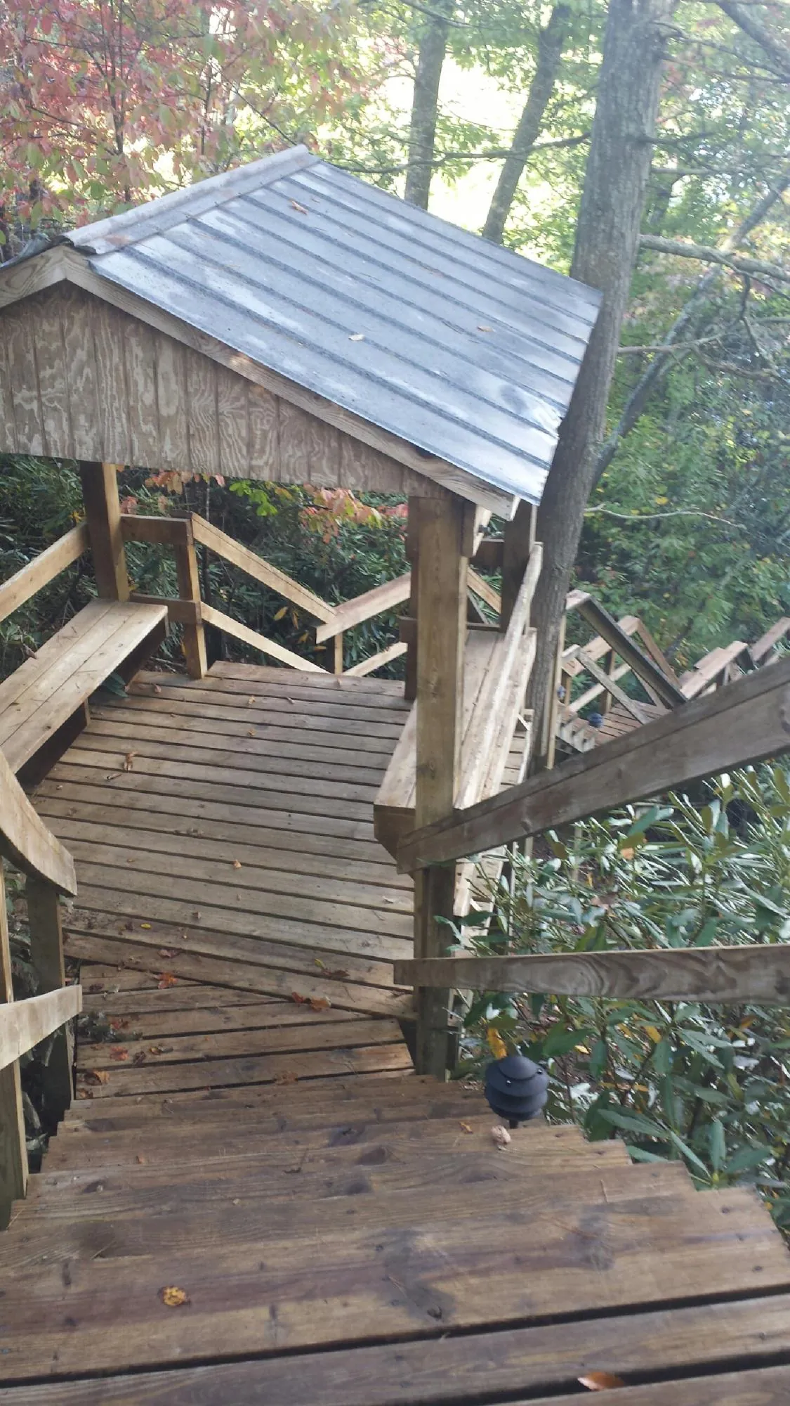 Metal roofed shelter over wooden steps on a wooded walkway — Skylight Repair & Installation work by our crew in Brogan